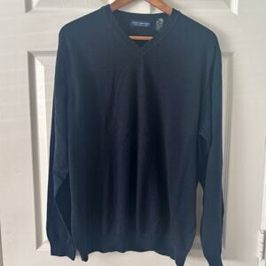 John Ashford 100% Wool Sweater Mens Blue V-Neck Long Sleeve Pullover Size L
